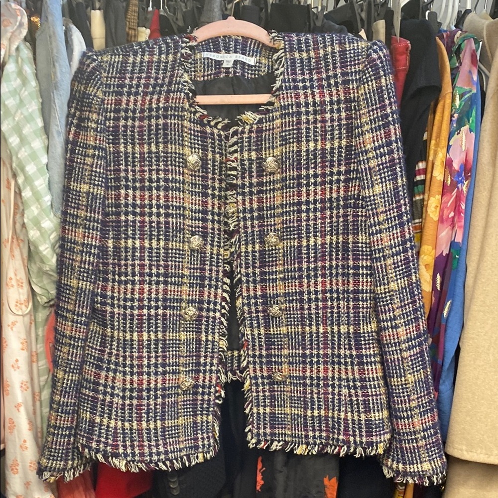 Veronica Beard Tweed Blazer with Fringed Trim